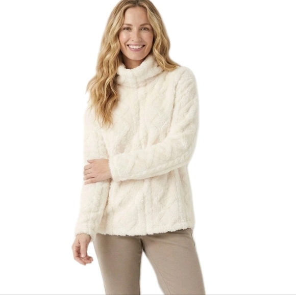 Eddie Bauer Sweaters - Eddie Bauer Women's Ultrasoft Cable Stretchy Fleece Pullover Ivory Mockneck XL